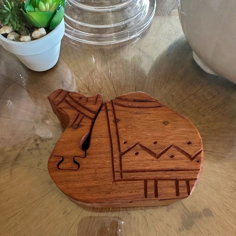 Vintage Hand Carved Wooden Camel Puzzle Trinket Box, Jewelry or Secret Stash Box